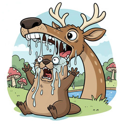 4_fingers ambiguous_gender bodily_fluids brown_body brown_fur drooling duo feral fingers fungus fur grass humor multicolored_body multicolored_fur mushroom outside pawpads plant saliva screaming shrub tan_body tan_fur teeth tongue water trixie_(director) jello_(jelloponies) cervid mammal mustelid otter