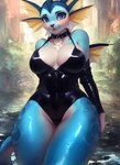 anthro blue_eyes clothing collar eeveelution female generation_1_pokemon latex looking_at_viewer one-piece_swimsuit pokemon_(species) rubber rubber_clothing solo swimwear tahlia_(director) vaporeon