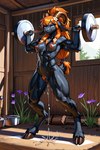 abs accessory anthro blue_eyes bodily_fluids exercise female flower flower_in_hair genital_fluids genitals hair hair_accessory hooved_feet horn inside looking_at_viewer muscular muscular_female nude orange_hair orange_pubic_hair plant ponytail pussy pussy_juice solo sweat sweaty_body weightlifting workout brita_eng