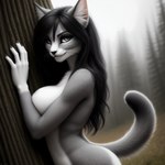 absurd_res anthro breasts canineluvr19 domestic_cat felid feline felis female fur grey_body grey_fur hair hi_res long_hair looking_at_viewer makeup mammal mascara nude pose seductive side_boob solo stretching whiskers