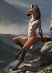 anthro arm_support black_nipples breasts canid canine chest_tuft claws countershade_torso countershading degenstoic detailed detailed_background detailed_fur digitigrade female fur gloves_(marking) green_eyes hi_res lake landscape leg_markings long_legs looking_at_viewer mammal mane maned_wolf markings moss mountain multi_nipple navel neck_tuft nipples nude orange_body orange_fur plant rock sitting small_breasts smile socks_(marking) solo toe_claws tuft