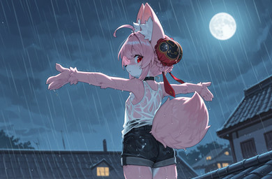 ahoge anthro bottomwear choker clothing cutoffs denim denim_clothing ear_tuft female fluffy hair jeans jewelry light looking_back moon moonlight necklace pants raining rear_view red_eyes shorts sleeveless solo spread_arms translucent translucent_clothing tuft wet wet_body puffy_peter zenless_zone_zero zhao_(zenless_zone_zero)