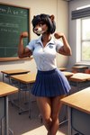 anthro biceps black_hair bottomwear brown_eyes chalkboard classroom clothing dark_brown_fur female flexing_biceps fur hair multicolored_body multicolored_fur muscular round_ears school school_bag school_uniform skirt solo teenager two_tone_body two_tone_fur uniform young young_female hellapoc deni lutrine mammal mustelid