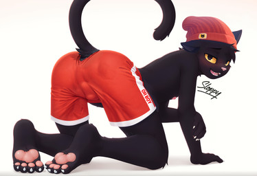 all_fours anthro beanie black_body black_fur black_hair blush bottomwear bulge butt cat_tail claws clothed clothing cute_fangs ears_back ears_down ears_up erect_nipples fangs fur furgonomic furgonomic_bottomwear golden_eyes hair hat headgear headwear looking_at_viewer looking_back looking_back_at_viewer male nipples nose open_mouth pants pawpads pink_nipples pink_nose pink_pawpads pinup pivoted_ears playful pose presenting presenting_hindquarters rear_view red_clothing shorts smile smirk solo tail teeth text tuft underwear white_claws winter_clothing yellow_eyes sloppycat domestic_cat felid feline felis mammal absurd_res detailed hi_res signature