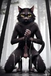 absurd_res ai anthro balls bodily_fluids chest_tuft cum cum_drip detailed_background digimacska17 domestic_cat dripping erection felid feline felis fur genital_fluids genitals grey_body grey_fur hi_res inner_ear_fluff kneeling looking_at_viewer male mammal muscular navel nude orange_eyes outside penis plant shrub solo tail_up tree tuft