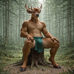 anthro antlers bara big_penis bottomwear brown_body brown_fur bulge clothed clothing fur genitals hands_on_legs hooves horn loincloth looking_at_viewer male male/male muscular muscular_anthro muscular_male narrowed_eyes nature pecs penis realistic sitting sitting_on_log solo_focus spread_legs spreading topless topless_male floofywoofy cervid mammal