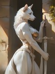 absurd_res anthro armor breasts butt canid canine canis female fur gemuseachmed hi_res mammal medieval melee_weapon side_view solo sword weapon white_body white_fur wolf