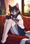 anthro bottomwear canid canine canis clothing enfield female foxlover7796 hi_res hioshiru inside legwear looking_at_viewer mammal miniskirt school_uniform sitting skirt solo stockings teenager uniform wolf young