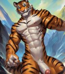 abs anthro areola balls barely_visible_balls barely_visible_genitalia blue_eyes crotch_tuft felid foreskin genitals glans hi_res male mammal mountains muscular muscular_anthro muscular_male nipple_piercing nipples pantherine penis piercing riseflux solo tiger tuft