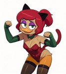 anthro armwear beak bedroom_eyes blush bow_tie breasts brown_body brown_skin cat_tail cleavage clothed clothing disney ducktales ducktales_(2017) elbow_gloves eyebrows eyeliner eyeshadow fake_cat_ears fake_ears female gloves green_eyes hair handwear leggings legwear leotard looking_at_viewer makeup narrowed_eyes navel_outline orange_legs paw_pose ponytail pose purple_eyeshadow raised_eyebrow red_hair seductive simple_background skimpy smile solo tuft whiskers white_background young cloud9999 gosalyn_waddlemeyer anatid anseriform avian bird duck hi_res portrait three-quarter_portrait