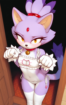 anthro bell bikini blushing_at_viewer bra breasts cat_ear_panties cat_lingerie cleavage cleavage_cutout clothed clothing cutout eyelashes female frilly frilly_bra frilly_clothing frilly_underwear fur gloves handwear jingle_bell legwear lingerie looking_at_viewer navel neck_bell paw_pose pose purple_body purple_fur side-tie_bikini solo standing swimwear tail thigh_highs underwear yellow_eyes zaddha sega sonic_the_hedgehog_(series) blaze_the_cat domestic_cat felid feline felis mammal hi_res