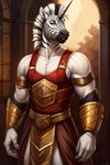 anthro armor belt bottomwear castle clothing horn loincloth male markings ornate plant solo striped_markings stripes tree bahufaru ramdas_pramath_(bahufaru) equid equine mammal unicorn zebra attempted_signature hi_res