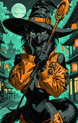 anthro beak black_beak black_body breasts clothing cloud curvy_figure detailed_background east_asian_architecture eyelashes facial_tattoo female fluffy fluffy_tail foggy full_moon green_eyes halloween hand_on_face hat headgear headwear holding_object holding_staff jacket lamp lantern looking_at_viewer moon neck_tuft night open_mouth open_smile orange_clothing paper_lantern shoulder_cutout skull_symbol small_breasts smile solo staff star star_symbol street tattoo tight_clothing topwear tuft window witch_hat chilon249 halloween_2025 shadow_(oldhroft) avian green_theme hi_res portrait restricted_palette shaded three-quarter_portrait yiffymix_(model)