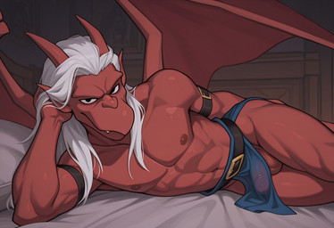 anthro balls bed belt clothing draw_me_like_one_of_your_french_girls erection furniture genitals hair horn humanoid_genitalia humanoid_penis humanoid_pointy_ears ineffective_clothing loincloth_only looking_at_viewer male membrane_(anatomy) membranous_wings navel nipples on_bed penis red_body smile solo translucent translucent_clothing white_hair wings talin1us2435 gargoyles brooklyn_(gargoyles) gargoyle scalie