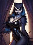 absurd_res anthro avian beak bird breasts feathers female hair hi_res inside long_hair looking_at_viewer non-mammal_breasts owl pinup pose solo