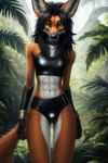 anthro bottomwear bracelet bulge canid canine clothed clothing collar femboy forest forest_background green_eyes hair hi_res jewelry latex_clothing long_hair looking_at_viewer male mammal maned_wolf nature nature_background plant seductive shorts skimpy solo tight_clothing tree