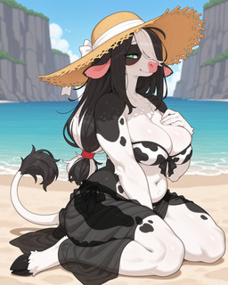 5_fingers accessory animal_print anthro beach big_breasts bikini biped black_body black_clothing black_fur black_hair black_spots blush bottomwear breasts chest_tuft cleavage clothed clothed_anthro clothed_female clothing cloud cloven_hooves cow_print curvy_figure day detailed_background dipstick_tail eyebrows eyelashes female female_anthro fingers fur green_eyes hair hair_accessory hair_over_eye hand_on_breast hat headgear headwear hooves kneeling long_hair looking_at_viewer markings midriff multicolored_body multicolored_clothing multicolored_fur multicolored_hair nails narrowed_eyes navel one_eye_obstructed outside pattern_bikini pattern_clothing pattern_swimwear pink_nose pupils sand sarong sea seaside sitting sky slightly_chubby slightly_chubby_anthro slightly_chubby_female smile solo spots spotted_body strapless_clothing sun_hat swimwear tail tail_markings tail_tuft thick_thighs tied_hair translucent translucent_clothing tuft two-piece_swimsuit two_tone_body two_tone_fur two_tone_hair unguligrade voluptuous water white_body white_breasts white_clothing white_fur white_hair white_pupils white_tail burioth bovid bovine cattle holstein_friesian_cattle mammal absurd_res detailed digital_media_(artwork) full-length_portrait hi_res portrait