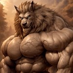 abs anthro biceps big_muscles blue_eyes clothed clothing day detailed digimon digimon_(species) fangs felid hi_res leomon lion male mammal mane muscular nipples outside pantherine pecs portrait smile solo topless upper_body veiny_muscles