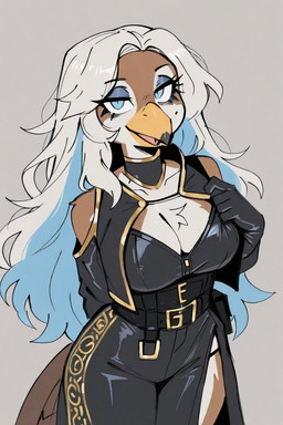 anthro beak belt big_breasts blue_eyes blue_hair bottomwear breasts brown_body brown_fur chest_tuft cleavage clothed clothing curvy_figure dress eyeshadow female fingers front_view fully_clothed fur gloves hair hand_behind_back hand_on_chest handwear high-angle_view highlights_(coloring) hourglass_figure long_hair looking_at_viewer makeup markings mole_(marking) neckwear open_mouth panties seductive simple_background solo standing tail tongue topwear tuft underwear white_body white_fur white_hair iacabria avian bird