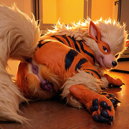 anatomically_correct anatomically_correct_genitalia anatomically_correct_pussy butt female feral genitals narrowed_eyes paws pussy solo tail nintendo pokemon arcanine canid generation_1_pokemon mammal pokemon_(species) hi_res