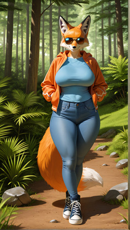 anthro big_breasts black_ear_tips black_nose blue_bottomwear blue_clothing blue_jeans blue_pants blue_shirt blue_topwear bottomwear bra_outline breasts cheek_tuft clothing covered_eyes crossed_legs curvy_figure denim denim_clothing dipstick_tail dirt dirt_path eyewear facial_tuft female fern footwear forest fur grass hand_in_pocket hoodie hourglass_figure inner_ear_fluff jacket jeans markings mouth_closed multicolored_body multicolored_clothing multicolored_footwear multicolored_fur obscured_eyes orange_body orange_clothing orange_fur orange_topwear pants pattern_clothing plant pockets rock shirt shoes smile solo striped_clothing stripes sunglasses tail_markings thick_thighs tight_bottomwear tight_clothing tight_pants tight_shirt tight_topwear topwear tree tuft two_tone_clothing two_tone_footwear walking white_body white_fur white_inner_ear_fluff heartlight_meadow canid canine fox mammal absurd_res hi_res