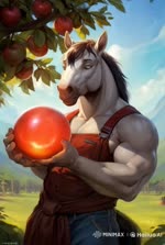 anthro apple_tree black_hair black_mane black_nose bottomwear clothing denim denim_clothing farm fruit_tree fur grey_eyes hair holding_object jeans male mane orb pants plant sky solo solo_focus tree white_body white_ears white_fur bahufaru sleip_(bahufaru) equid equine horse mammal animated portrait webm