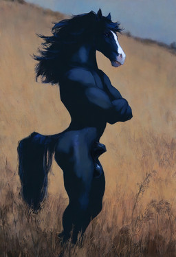 animal_genitalia anthro balls blaze_(marking) blue_body blue_hair blue_tail crossed_arms equine_genitalia facial_markings field fully_sheathed genitals hair head_markings long_hair looking_away male markings nude outside plant sheath sky solo takion equid equine horse mammal hi_res