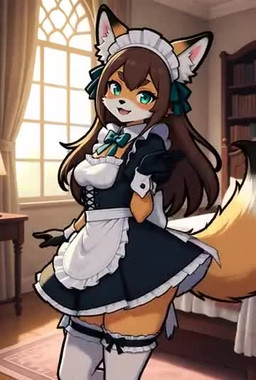 5_fingers accessory anthro bed bedroom big_tail black_nose bottomwear brown_hair butt clothing dancing female fingers fur furniture green_eyes hair hair_accessory hairband inside legwear looking_at_viewer maid_dress maid_headdress maid_uniform multicolored_body multicolored_fur orange_body orange_fur orange_tail skirt smile smiling_at_viewer solo tail uniform waitress white_body white_clothing white_fur white_legwear white_tail_tip window window_light unknown_director canid canine fox mammal animated short_playtime webm