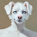 anthro blue_eyes canid canine canis domestic_dog eyeliner facial_piercing floppy_ears fur headshot_portrait levian levian_moon makeup male mammal nose_piercing nose_ring nude piercing pink_nose portrait ring_piercing solo white_body white_fur