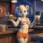 anthro blond_hair bottomwear breast_tuft breasts brown_nose burger camel_toe city_skyline clothing crop_top crotch_tuft cute_fangs female food fries fur green_eyes gummi_bear hooters hotpants looking_at_viewer meal medium_breasts midriff minishorts navel parted_lips pinup pose restaurant seductive shirt shorts smile solo tight_clothing toony topwear tuft under_boob waitress yellow_body yellow_fur nightdancer sunni_gummi mammal ursid hi_res