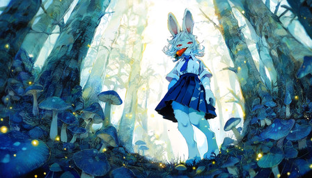 anthro bottomwear carrot clothing female food fungus low-angle_view mushroom nature necktie outside plant pleated_skirt prick_ears red_eyes school_uniform skirt solo tree uniform vegetable worm's-eye_view anonymous_director invoke_high arthropod beetle elateroid firefly insect lagomorph leporid mammal rabbit hi_res