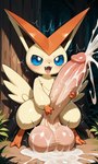 balls big_balls big_penis blue_eyes fangs feral genitals male masturbation penis solo yellow_body nintendo pokemon generation_5_pokemon legendary_pokemon pokemon_(species) victini hi_res