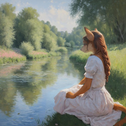 anthro biped braided_hair brown_body brown_fur brown_hair clothed clothing cloud day dress female fur grass hair long_hair nature outside plant pointillism reflection river scenery sitting sky smile solo tree water white_clothing white_dress canid canine fox mammal hi_res painting_(artwork) traditional_media_(artwork)