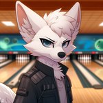 anthro blue_eyes bowling_alley canid canine clothing fennec fox fur lucifluffy male mammal solo techwear white_body white_fur wilek