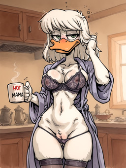 anthro bathrobe clothing female kitchen lace lace_bra legwear lingerie nipple_outline pussy_peek robe skindentation solo stockings tired arantonak della_duck anatid anseriform avian bird duck absurd_res hi_res