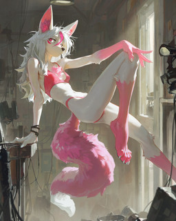 anthro female fluffy hair male male/female paws pink_body pink_ears pink_eyes slim solo tail white_body white_hair zeez18 yoki_j_(yj) canid canine fox mammal absurd_res hi_res