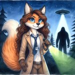 anthro belt bottomwear canid canine clothed clothing coat director_sunshine female flashing fluffy fluffy_tail fox fully_clothed hair light looking_at_viewer mammal necktie night outside pants plant shirt sky solo star starry_sky topwear tree ufo