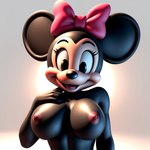 anthro big_breasts big_ears black_body black_breasts breasts disney female hairbow hand_on_chest hand_on_shoulder looking_at_viewer nipples nude pink_bow simple_background smile solo upper_body white_background minnie_mouse mammal mouse murid murine rodent