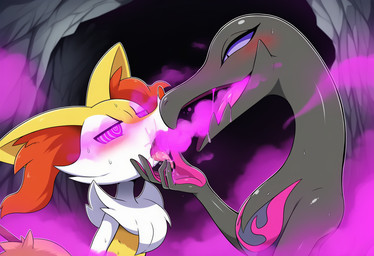 anthro aphrodisiac black_body black_scales breath breath_cloud cave female female/female feral fog fur hypnosis kissing mind_control pheromones scales tongue tongue_out torch yellow_body yellow_fur stressedout nintendo pokemon braixen canid canine fox generation_6_pokemon generation_7_pokemon lizard mammal pokemon_(species) reptile salazzle scalie
