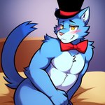 anthro bed blue_body clothing furniture hat headgear headwear jewelry male multicolored_body necklace solo the_return_to_freddy's two_tone_body white_body yellow_eyes candougie sugar_(trtf) domestic_cat felid feline felis mammal