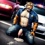 anthro balls bodily_fluids clothing cum cum_in_mouth cum_inside cum_on_body cum_on_face cum_on_penis exhibitionism felid genital_fluids genitals hi_res male mammal pantherine penis police police_uniform public pup_tobey solo tiger uniform