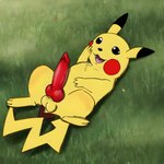 balls bobby99as feral generation_1_pokemon genitals hi_res knot lying male on_back pikachu pokemon_(species) shaded simple_background simple_shading solo