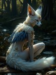 accessory anthro blue_body blue_feathers blue_wings breasts bushy_tail collar collar_only convenient_censorship feathers female flower flower_in_hair fluffy fluffy_tail forest fur golden_eyes hair hair_accessory lily_pad long_ears nude plant rear_view side_view sitting_on_ground solo solo_focus tail tasteful_nudity tree under_boob valendier white_body white_fur wings canid canine chimera fox hybrid mammal