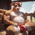anthro big_bulge bodily_fluids bovid bovine bulge cattle clothing director_homer_26 farm hi_res looking_at_viewer male mammal muscular muscular_anthro muscular_male muscular_thighs overweight overweight_anthro slightly_chubby solo speedo sweat sweaty_body swimwear thick_thighs underwear wide_hips