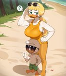 age_difference annoyed anthro armpit_hair beach beak blonde_hair blush body_hair clothing confusion detailed_background ducktales ducktales_(2017) duo eyebrows eyeliner eyewear eyewear_on_head female frown gesture green_eyes hair hand_on_hip high-angle_view looking_away makeup male male/female mature_female membrane_(anatomy) navel nipples one-piece_swimsuit orange_legs pointing ponytail question_mark raised_eyebrows salute seaside short_hair size_difference smile smug speech_bubble sunglasses sunglasses_on_head swimming_trunks swimwear teeth webbed_feet young cloud9999 goldie_o'gilt louie_duck anatid anseriform avian bird duck full-length_portrait hi_res portrait