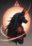 anthro black_body black_hair breasts female glowing glowing_horn hair horn long_hair markings medium_breasts moon muscular muscular_female red_eyes red_markings solo auykac canid canine canis jackal mammal hi_res