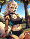 abs anthro arcanine blush bottomwear bra canid chest_tuft clothing collar female generation_1_pokemon gym_bottomwear gym_clothing gym_shorts hi_res looking_at_viewer mammal nsfjerk pokemon_(species) seductive shorts solo sports_bra stripes tuft underwear yiffymix_(model)