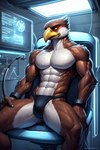 abs anthro athletic bdsm beak biceps bodily_fluids bondage bound cuff_(restraint) growth laboratory male muscle_growth muscular muscular_anthro muscular_male pain pecs restraints solo sweat sweating_profusely test_subject birdovo avian bird falcon falconid hi_res