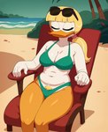 anthro bags_under_eyes beach beach_chair beak bikini blonde_hair breasts cleavage clothed clothing detailed_background disney ducktales ducktales_(2017) eyeliner eyes_closed eyewear eyewear_on_head female frown green_clothing hair makeup navel orange_legs ponytail pubes seaside sitting sleeping slightly_chubby solo sunglasses sunglasses_on_head swimwear thick_thighs white_body white_skin cloud9999 goldie_o'gilt anatid anseriform avian bird duck absurd_res hi_res portrait three-quarter_portrait