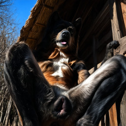 anatomically_correct anatomically_correct_genitalia anatomically_correct_pussy animal_genitalia animal_pussy anthro anus black_nose canine_genitalia canine_pussy claw crouching crouching_female fangs female flat_chested front_view fur genitals looking_at_viewer low-angle_view multicolored_body multicolored_fur nude outside photorealism plant presenting presenting_pussy pussy sitting sky solo spread_legs spreading teeth tongue tongue_out tree whiskers wood balloon_(director) canid canine canis domestic_dog herding_dog mammal pastoral_dog absurd_res digital_media_(artwork) hi_res
